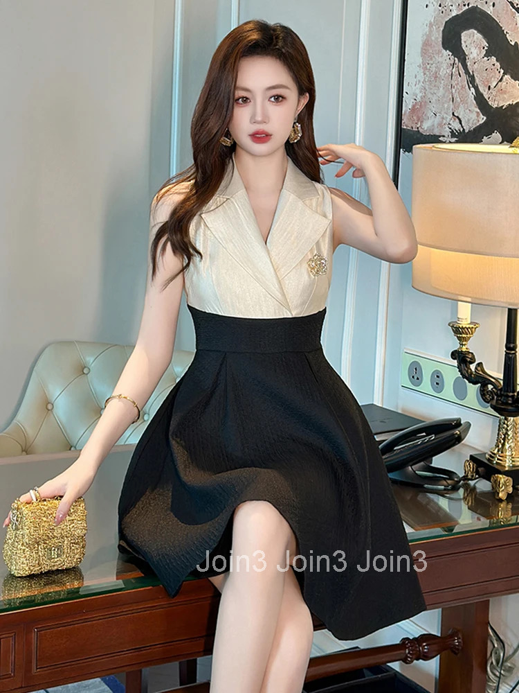 Summer Fashion Retro Fake 2 Pieces Formal Occasion Dress Women Clothes Elegant Sleeveless Slim A-Line Short Party Prom Vestidos