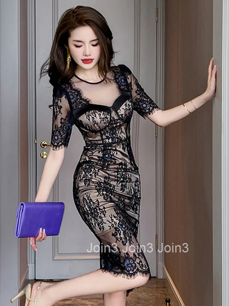 New Fashion Summer Evening Dress For Women Elegant Lace Sheer Sexy O-Neck Slim Midi Party Prom Robe Femme Mujer Stretchy Vestido