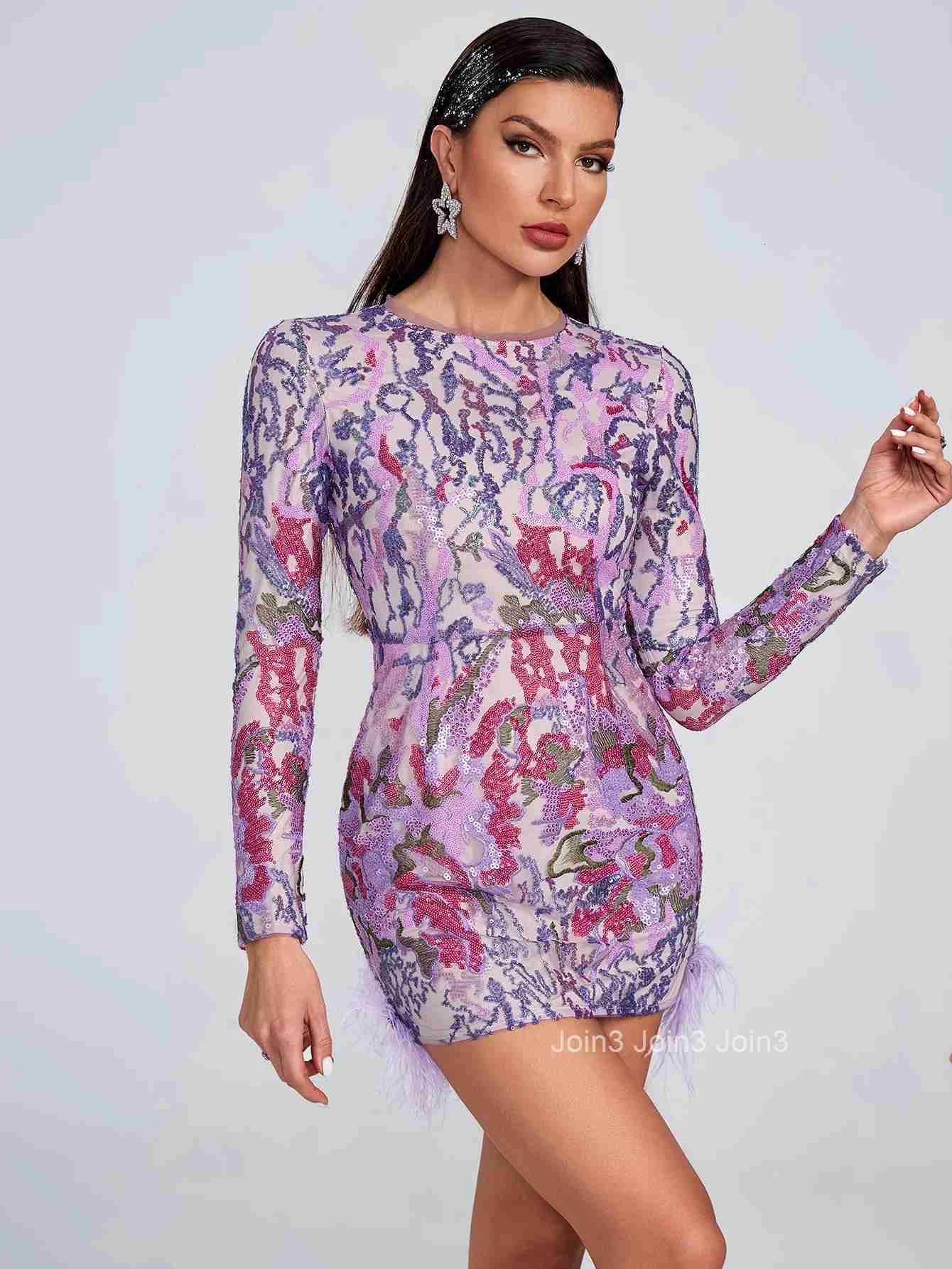 Fashion Womens Clothing Embroidered Sequins Feather Diamond Purple Bodycone Wrapped Hip Dress Elegant Long Sleeves Commute Wear