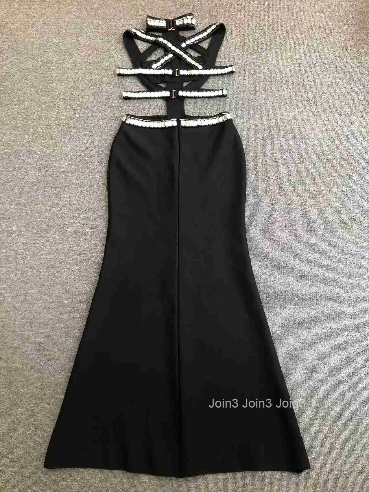 New Style Autumn Diamonds Decoration Long Skirt Sexy Hollow Out Slim Fit Black Bandage Dress For Women Chic Cocktail Party Gown
