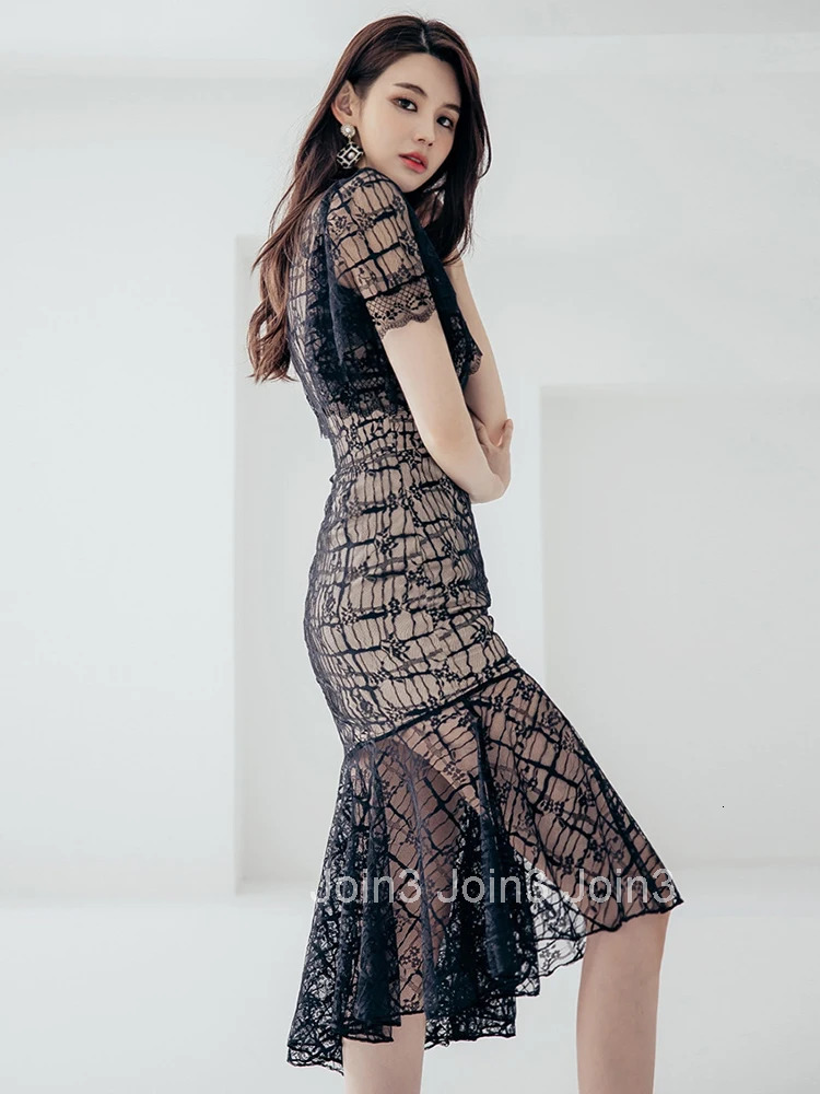 Fashion Korean Women Retro Short Sleeve Lace Perspective Midi Party Dress Elegant Sexy Street Clothes Coffee Break Female Dress
