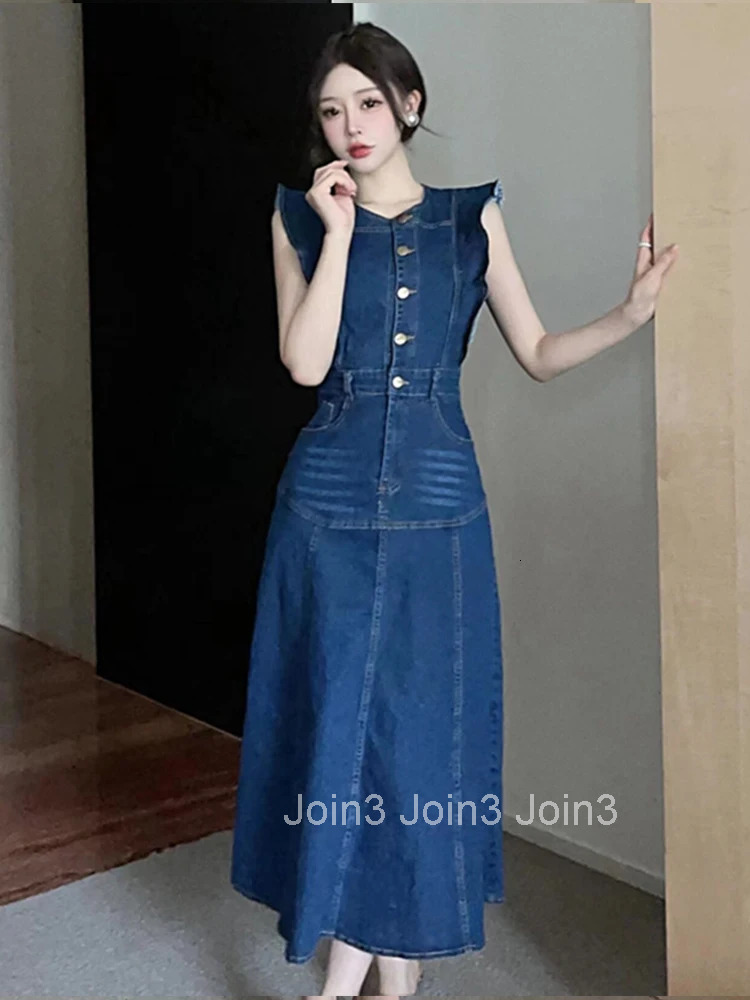 Fashion Summer Denim Long A-Line Dress For Women Lady Preppy Retro Sleeveless Slim Midi Mujer Vestidos Robe Femme Street Clothes