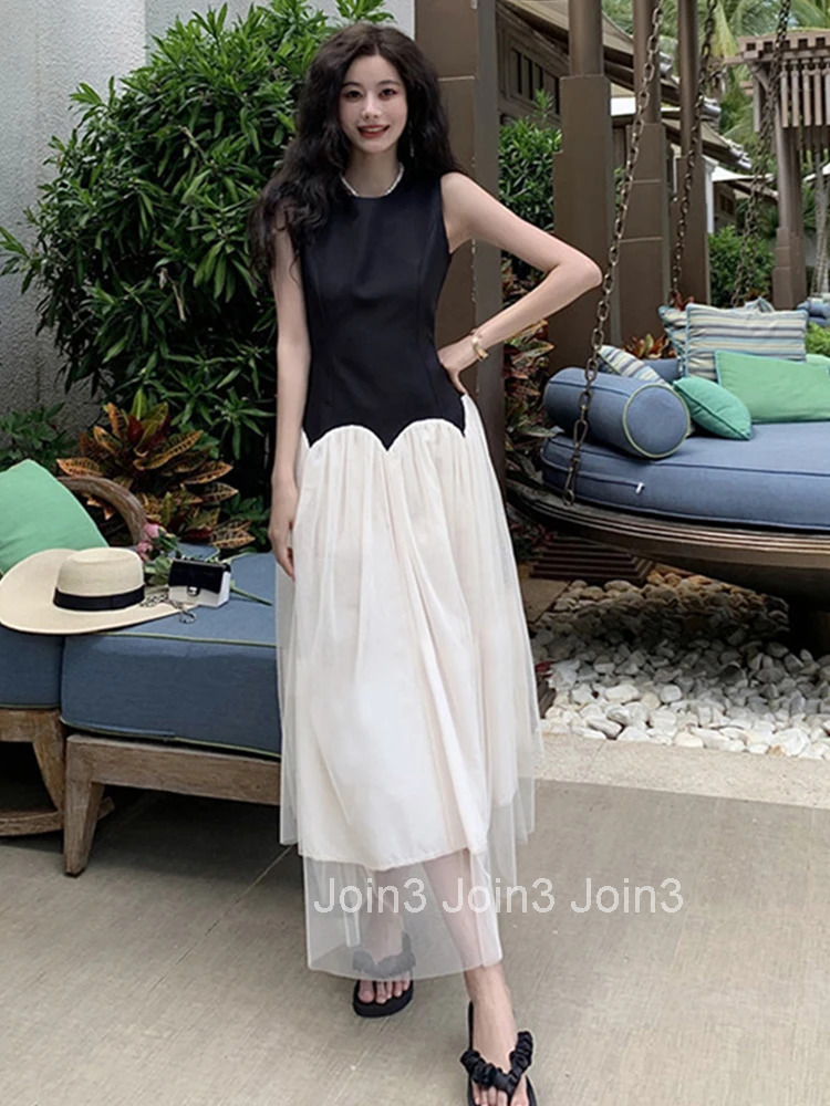 New Summer Fashion Lady Vintage Beach Vacation A-Line Long Dress Women Elegant Sweet Sleeveless Slim Robe Vestido Street Clothes