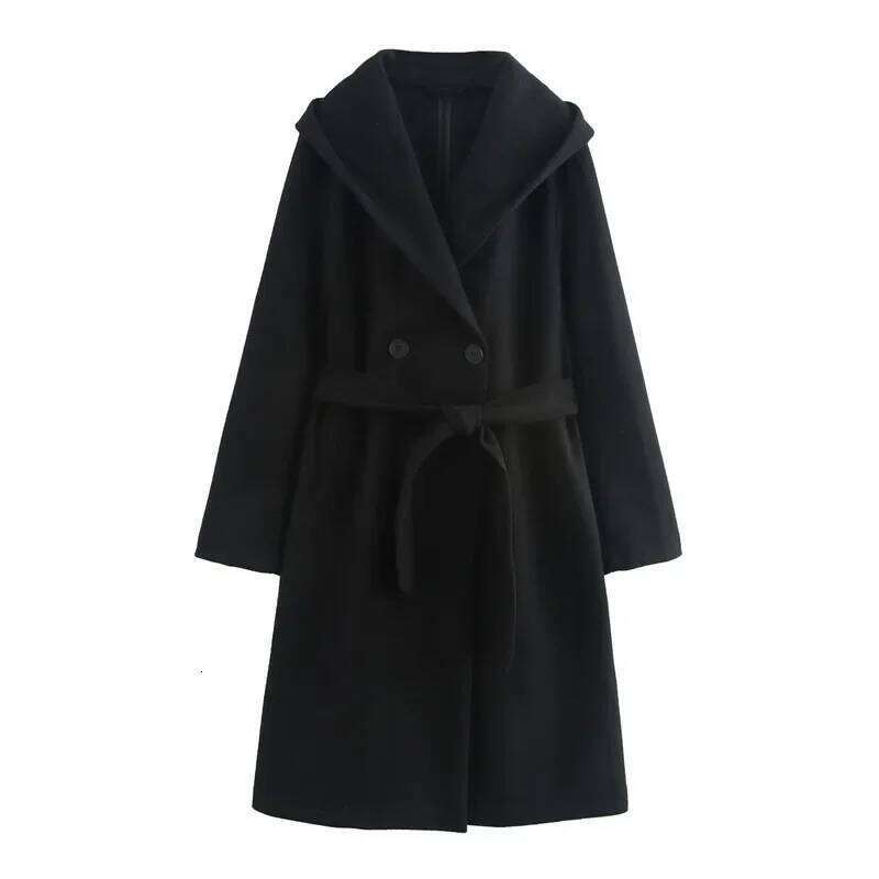 Loose Women's Coat with Belt Pure Color Hooded Jacket V-neck Regular Type Chinese Origin Fashionable Elegant Female Outerwear