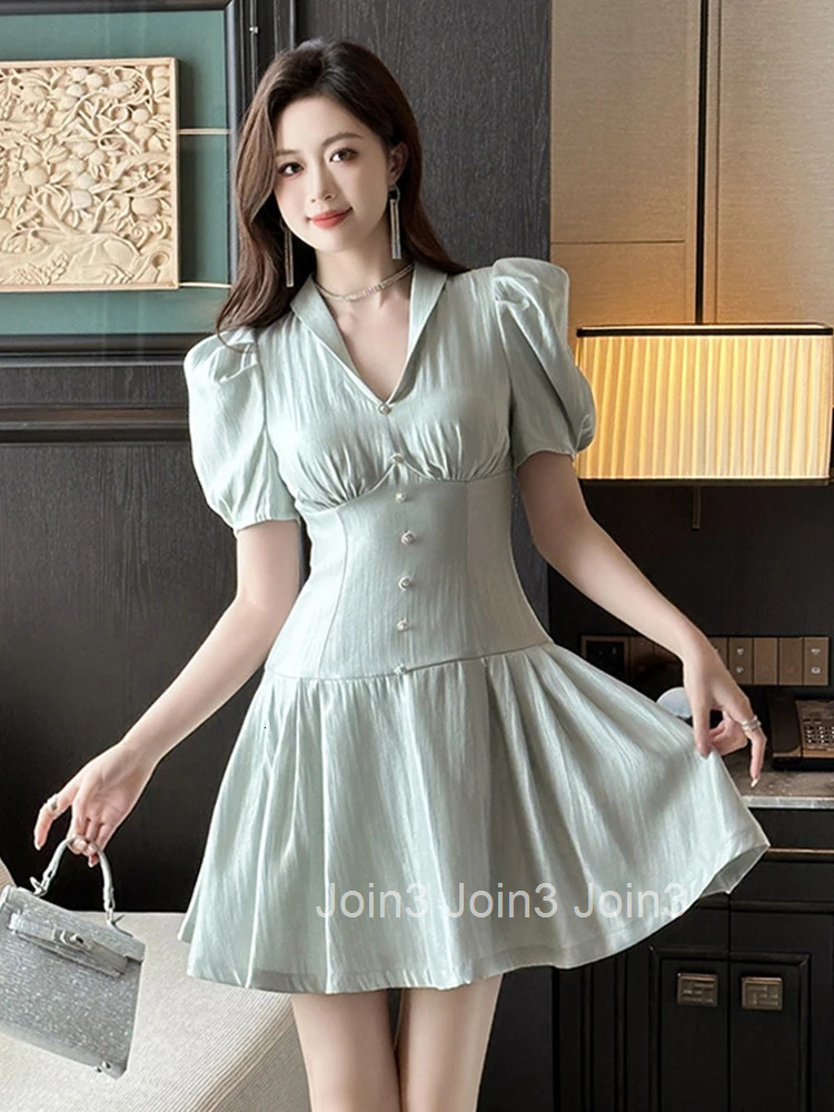 New Summer French Fashion Casual Solid V-Neck A-Line Short Dress Women Clothes Sweet Retro Puff Sleeve Corset Slim Party Vestido