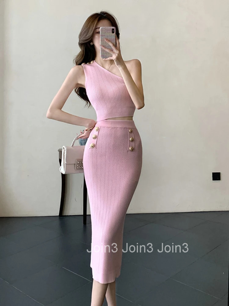New Fashion Sweater Knitted Stretchy 2 Pieces Outfits Women Clothes Sexy One Shoulder Cropped Tops And High Waist Midi Skirt Set