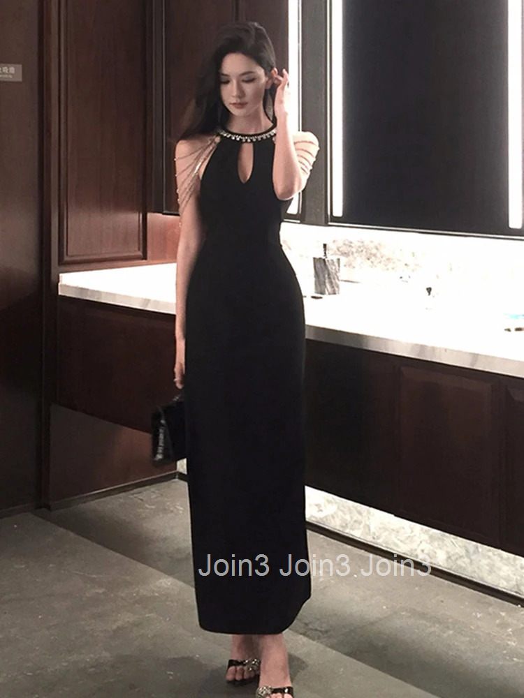 Women Clothes Black Elegant Luxury Hollow Sexy Sleeveless Slim Long Dress Fashion Evening Party Club Prom Vestidos Robe Summer