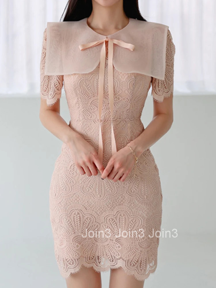 New Korean Summer Preppy Style Lace Pencil Short Dress Women Sweet Bow Peter Pan Collar Short Sleeve Slim Vestido Street Clothes