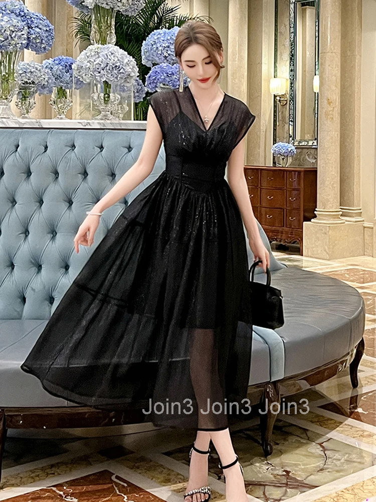 Summer Bright Silk Black Evening Dress Women Clothes Elegant Sheer Sexy Sleeveless Corset Slim Party Prom Vestidos Fiesta Robe