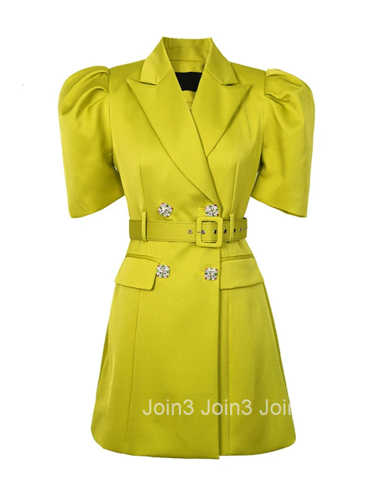New Summer Luxury Elegant Women Evening Short Dress Blazer Commute Formal Satin Puff Sleeve Belt Slim Mini Party Mujer Vestidos