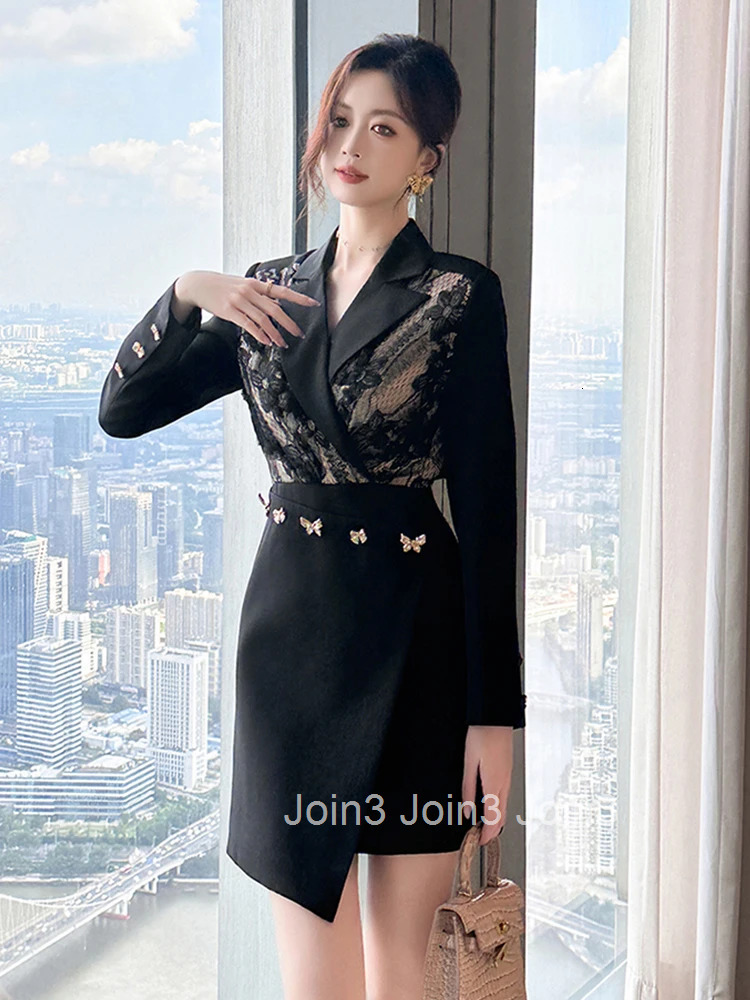 New Autumn Black Formal Occasion Asymmetrical Short Dress Women Clothes Commute Elegant Lace Patchwork Long Sleeve Slim Vestidos