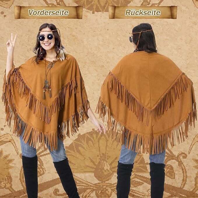 Carnival Hippie Halloween Indigenous Indian Suede Vest Top Tassel Shawl Cape B5