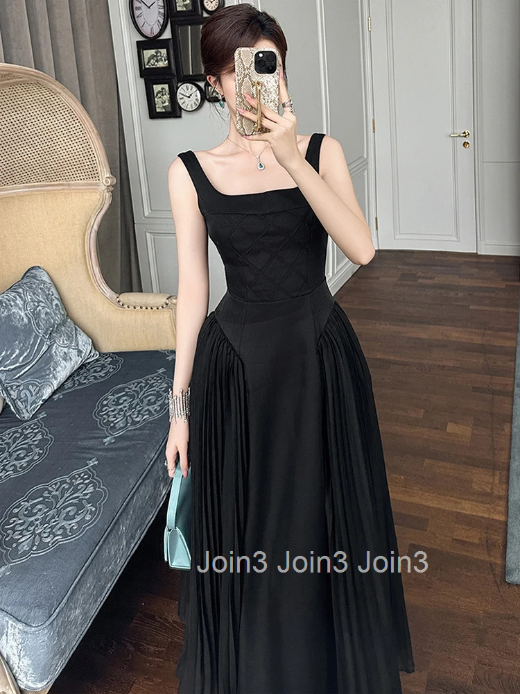 Women Vacation Clothes Black Sexy Sling Slim Pleated Maxi Long Dress Elegant Fashion Evening Party Club Prom Vestidos Robe New