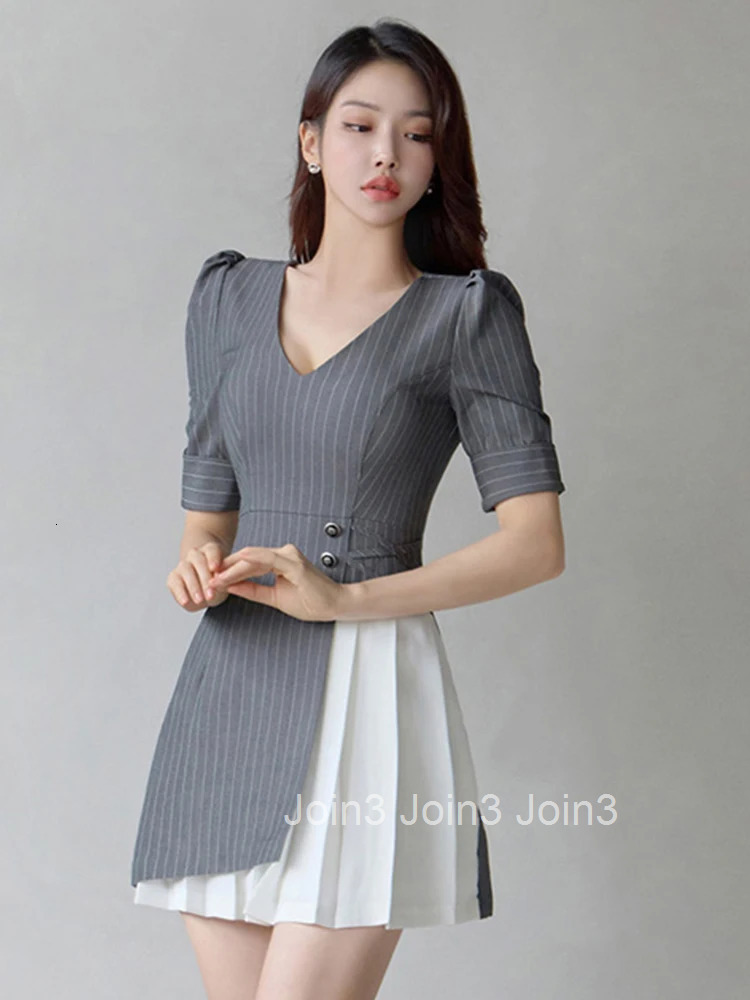 Fashion Vintage Work Style Formal Striped Asymmetrical Short Dress Women Clothes Elegant Office Puff Sleeve Slim Mini Vestidos