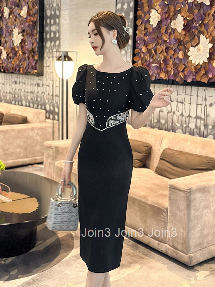 Summer Black Formal Business Pencil Dress Women Clothes Mujer Elegant Luxury Retro Puff Sleeve Slim Midi Party Birthday Vestidos