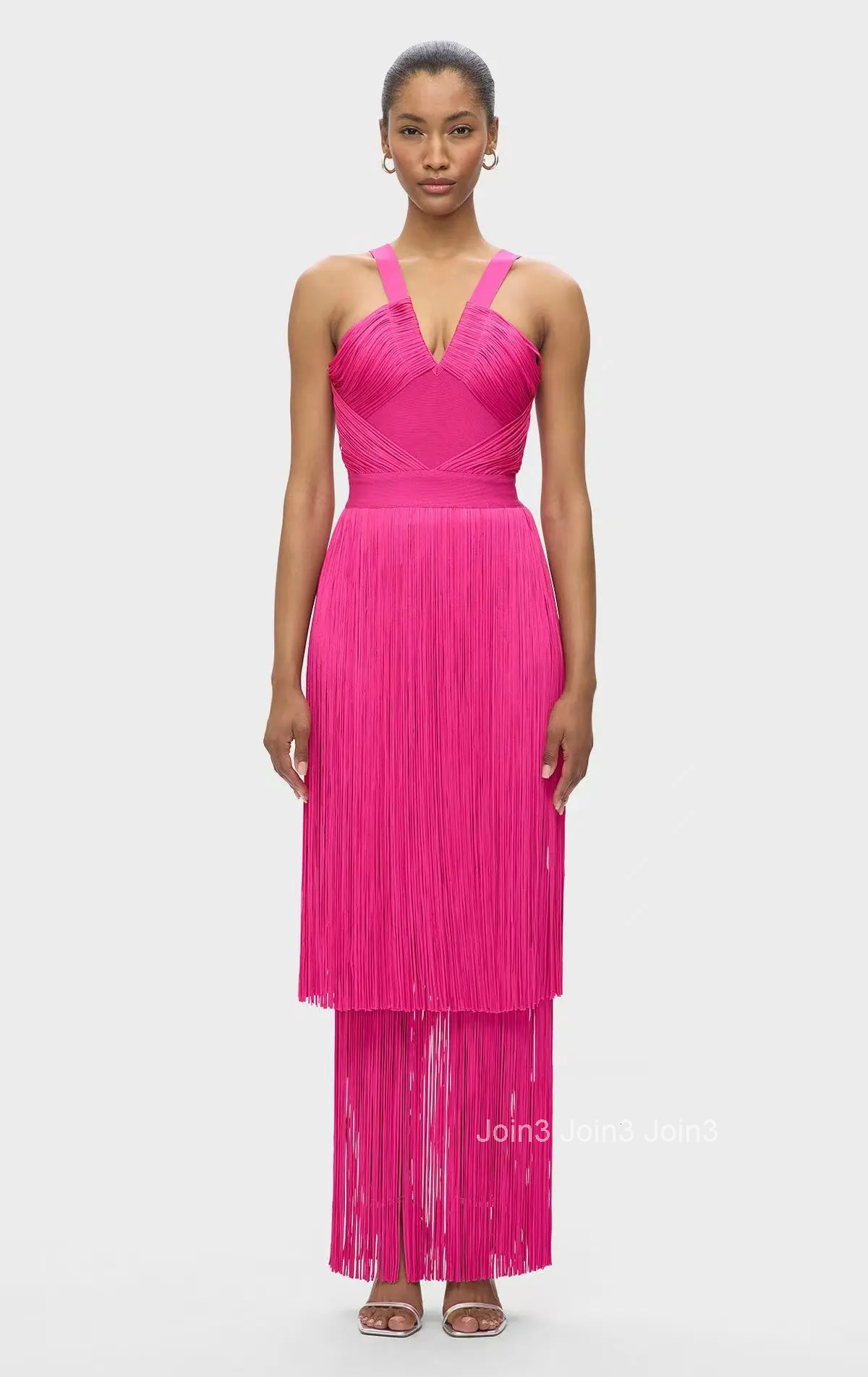 Rose Beige V-Neck Evening Dress 2025 Ruffled Bodice with Fringe Hem Slim Fit Party Gown Formal Guest Dress