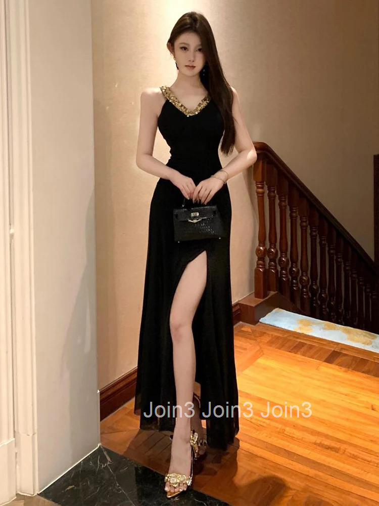Women Clothes Retro Black Gold Sequin Sexy Strap Backless Slim A-Line Long Dress Elegant Fashion Evening Party Prom Vestido Robe