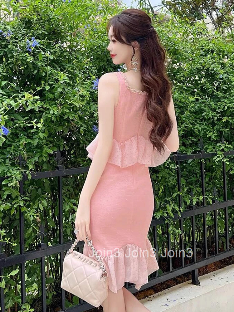New Summer Fake 2 Piece Pink Sweet Luxury Sparkly Evening Dress Women Clothes Ruffle Sexy Sling Slim Party Prom Vestidos Fiesta