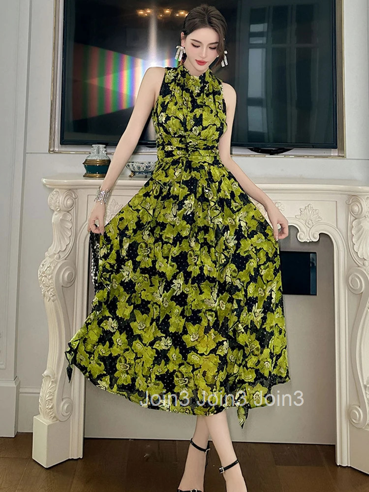 Summer Chiffon Sweet Floral Print Vacation Beach Long Dress Women Clothes Elegant Sleeveless Slim Party Prom Vestido Fiesta Robe