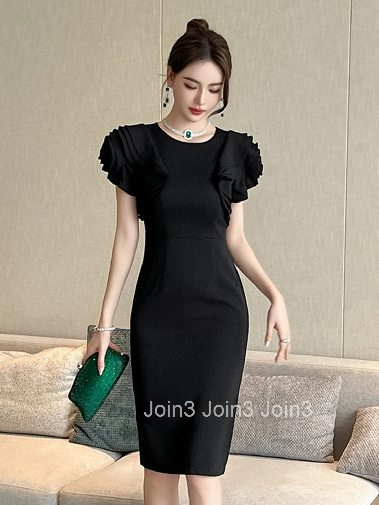 New Black Elegant Formal Occasion Pencil Dress Women Elegant Office O-Neck Ruffle Sleeve Slim Party Prom Vestidos Street Clothes