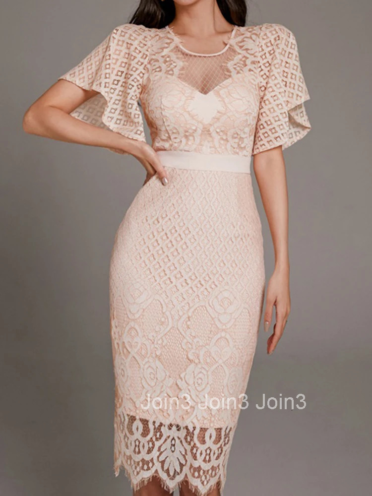 New Summer Fashion Elegant Women Evening Dress Temperament Chic Lace Sheer Sexy O-Neck Slim Midi Party Club Prom Mujer Vestidos