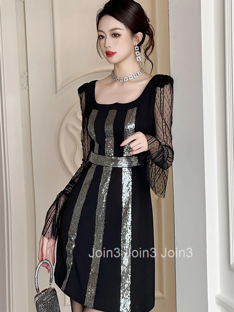 New Spring Fashion Lady Black Sequin Evening Short Dress Women Clothes Elegant Sheer Sexy Square Collar Slim Party Prom Vestidos