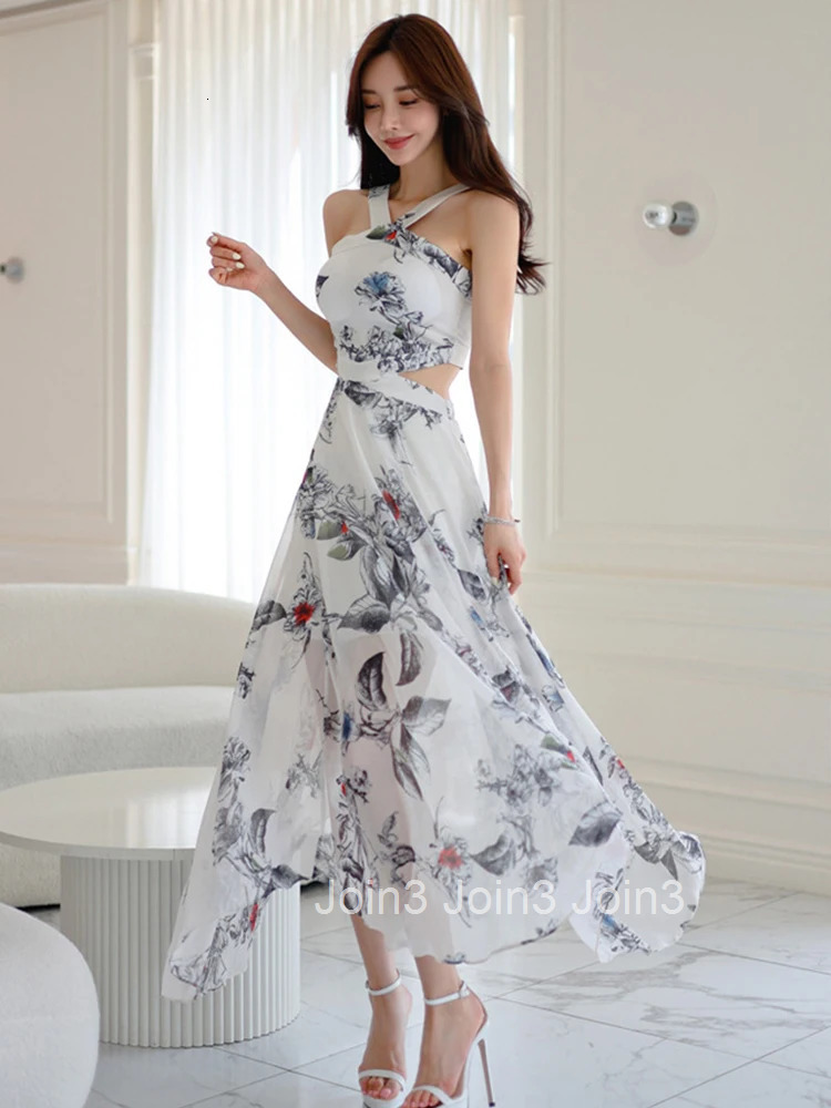 New Summer Fashion Print Vacation Long Dress Women Clothes Elegant Hollow Sexy Sling Slim Maxi A-Line Party Prom Vestidos Robe