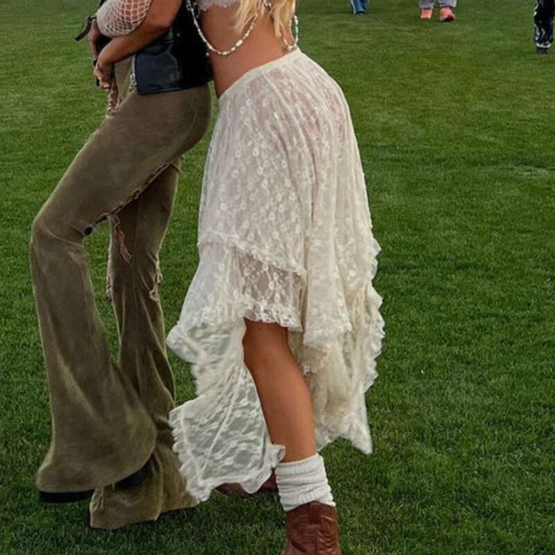 American Style Trendy Lace Irregular Hem Solid Color Midi Summer Thin Long Skirt B5