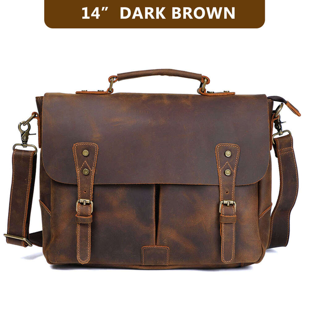 Crazy Horse Messenger First Layer Cowhide Men's Handheld Briefcase Genuine Leather Shoulder 14inch Laptop Bag