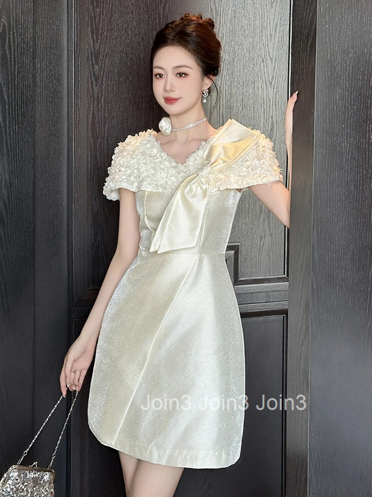 New Summer French Fashion Sweet Bow Gown Evening Dress Women Clothes Elegant V-Neck Slim A-Line Mini Short Party Prom Vestidos