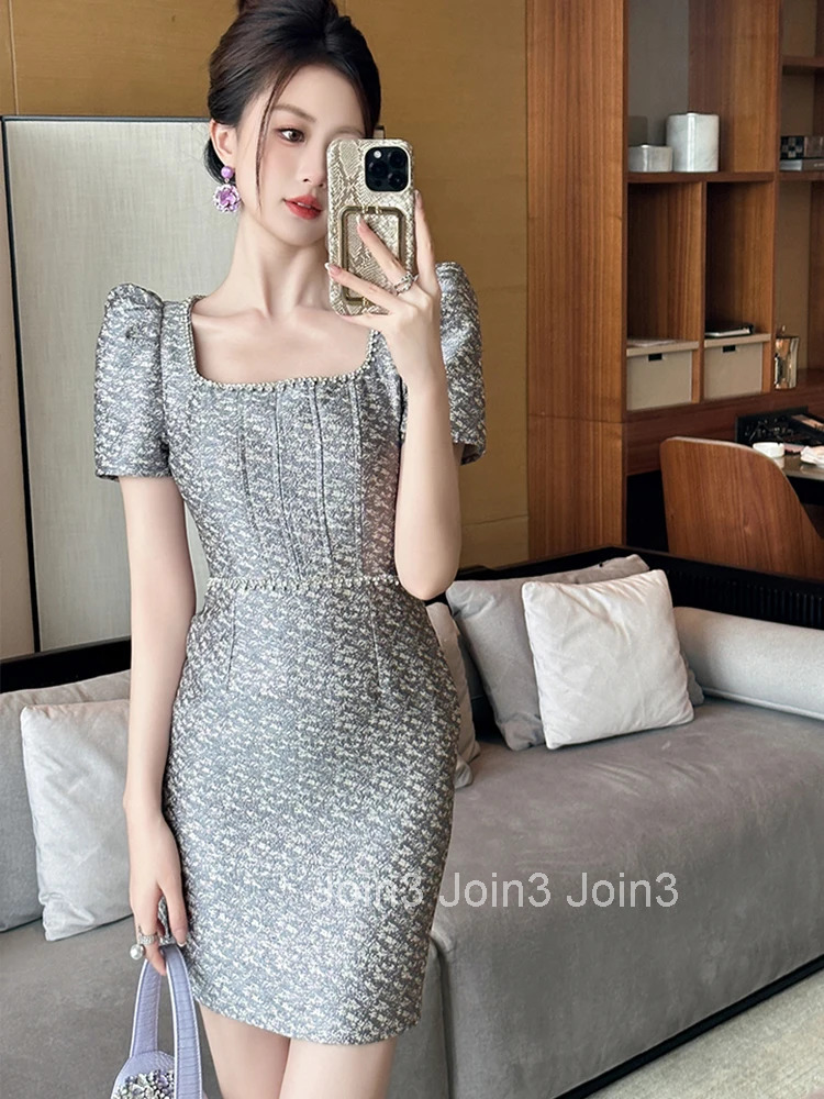 Women Clothes Vintage Sexy Square Neck Slim Mini Short Pencil Dress Elegant Luxury Ladies Fashion Party Prom Vestidos Summer New