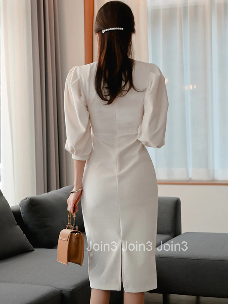 New 2023 Korean Fashion Spring Autumn Women Evening Dress Sexy Hollow Lantern Sleeve Slim Midi Pencil Party Prom Mujer Vestidos