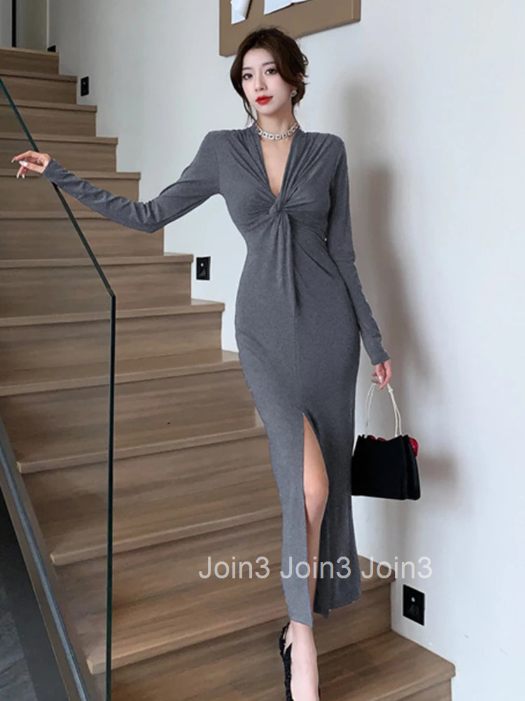 Spring Autumn Fashion Casual Stretchy Long Dress Women Elegant Solid V-Neck Folds Skinny Slit Maxi Robe Vestidos Street Clothes