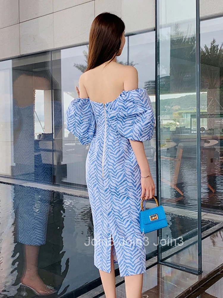Fashion Vintage Off-Shoulder Lantern Sleeve Midi Mini Party Club Dress Ladies Elegant Robe Casual Stripe Strapless Split Dress