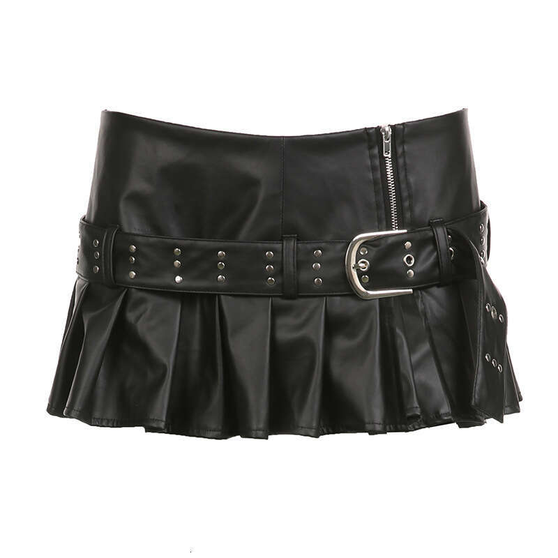 Punk Style Rivet Belt Split Leather Fashion Street Sexy Low Waist A-Line Pleated Skirt B5