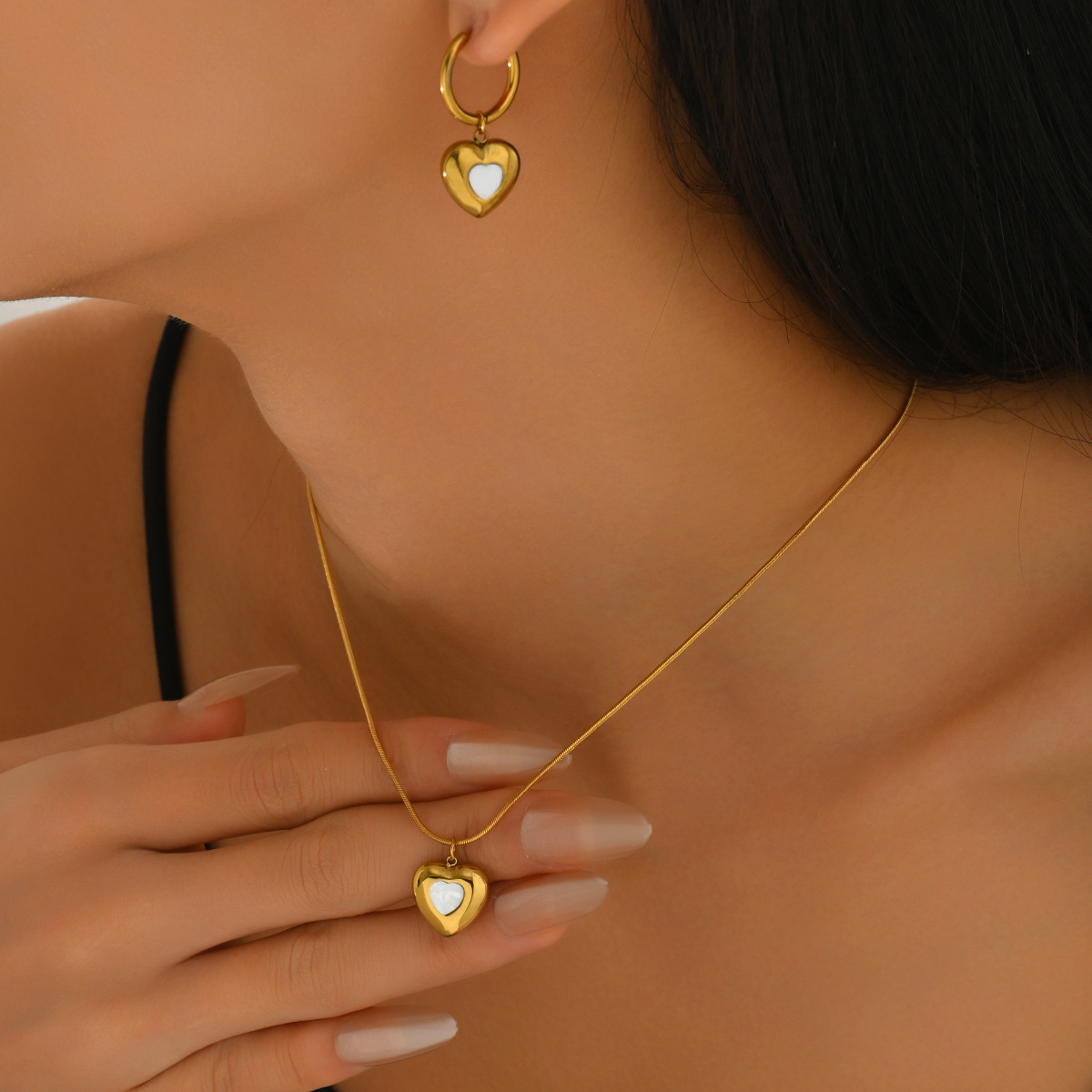 Wind Women's Earrings Necklace Set Heart Electroplated Design Long Pendant Chain for Women