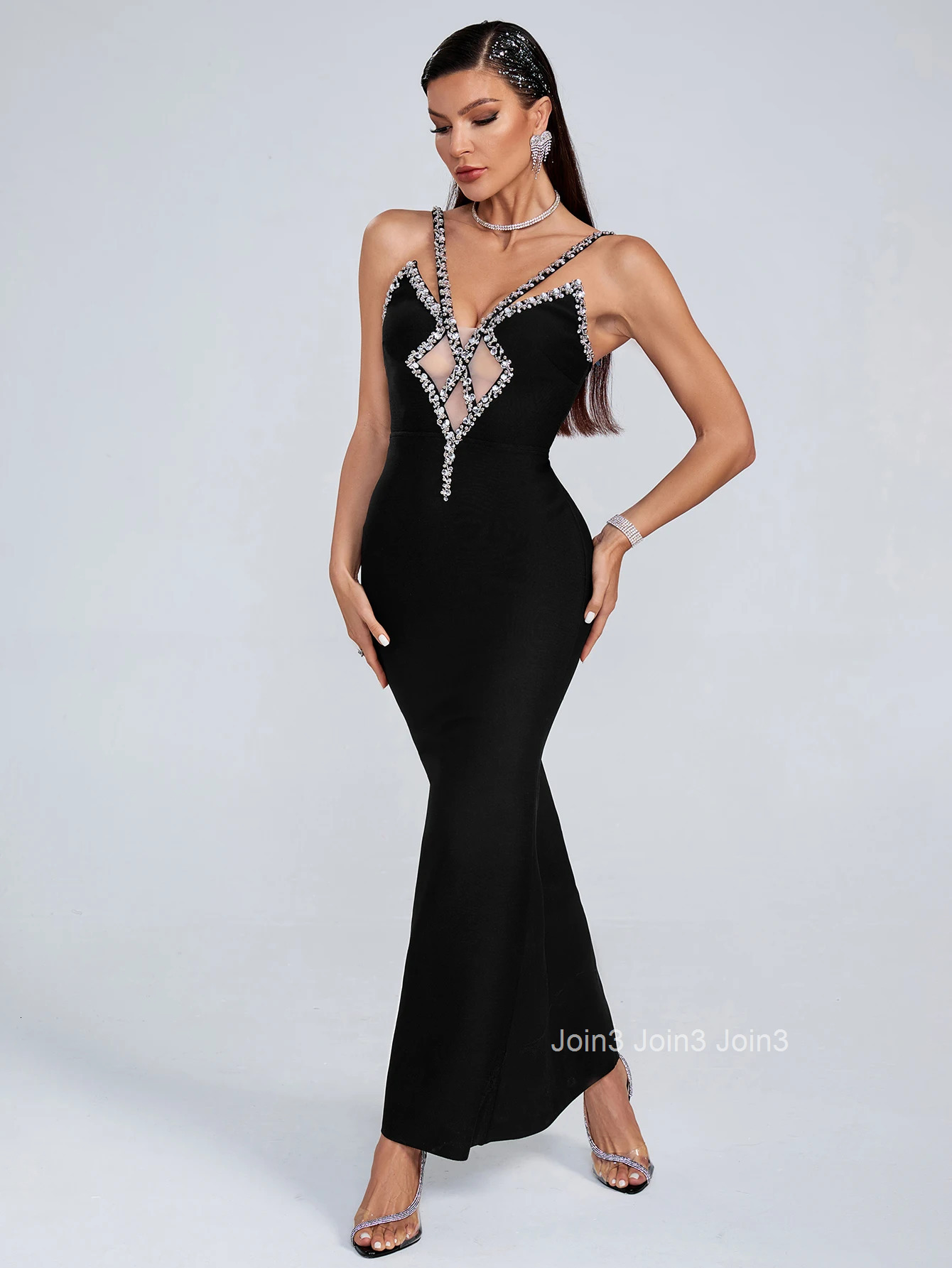 Chic Black Bandage Dress For Women Sexy Gauze Splicing Deep V-neck Backless Diamonds Gown Celebrity Vestidos Evening Party Wear