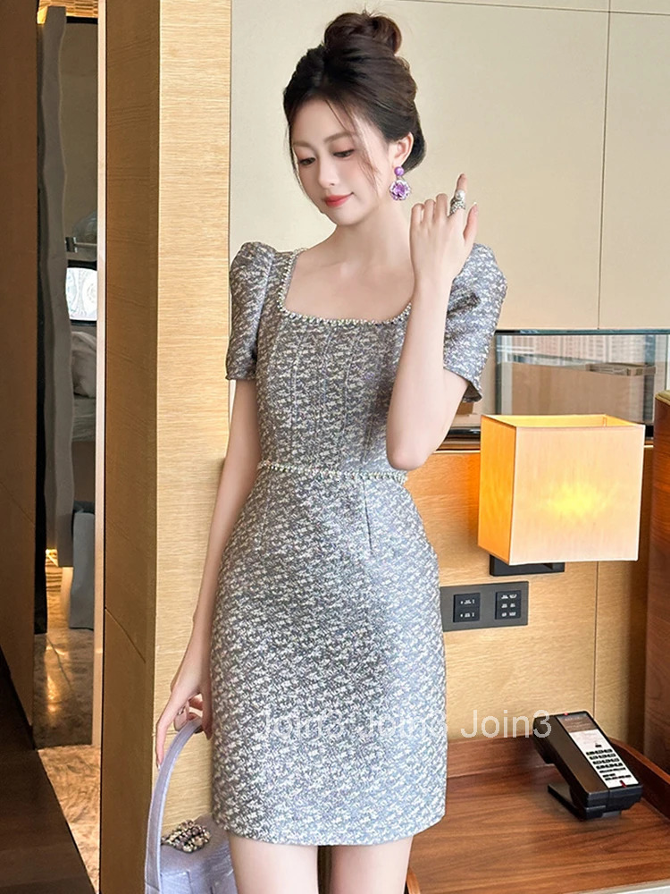 Women Clothes Vintage Sexy Square Neck Slim Mini Short Pencil Dress Elegant Luxury Ladies Fashion Party Prom Vestidos Summer New