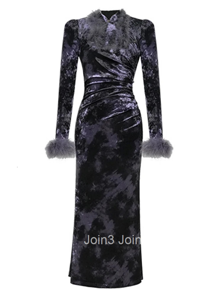 Women Clothes Retro Velvet Stand Neck Skinny Folds Midi Fishtail Dress Elegant Party Prom Vestidos Robe Autumn Winter Casual New