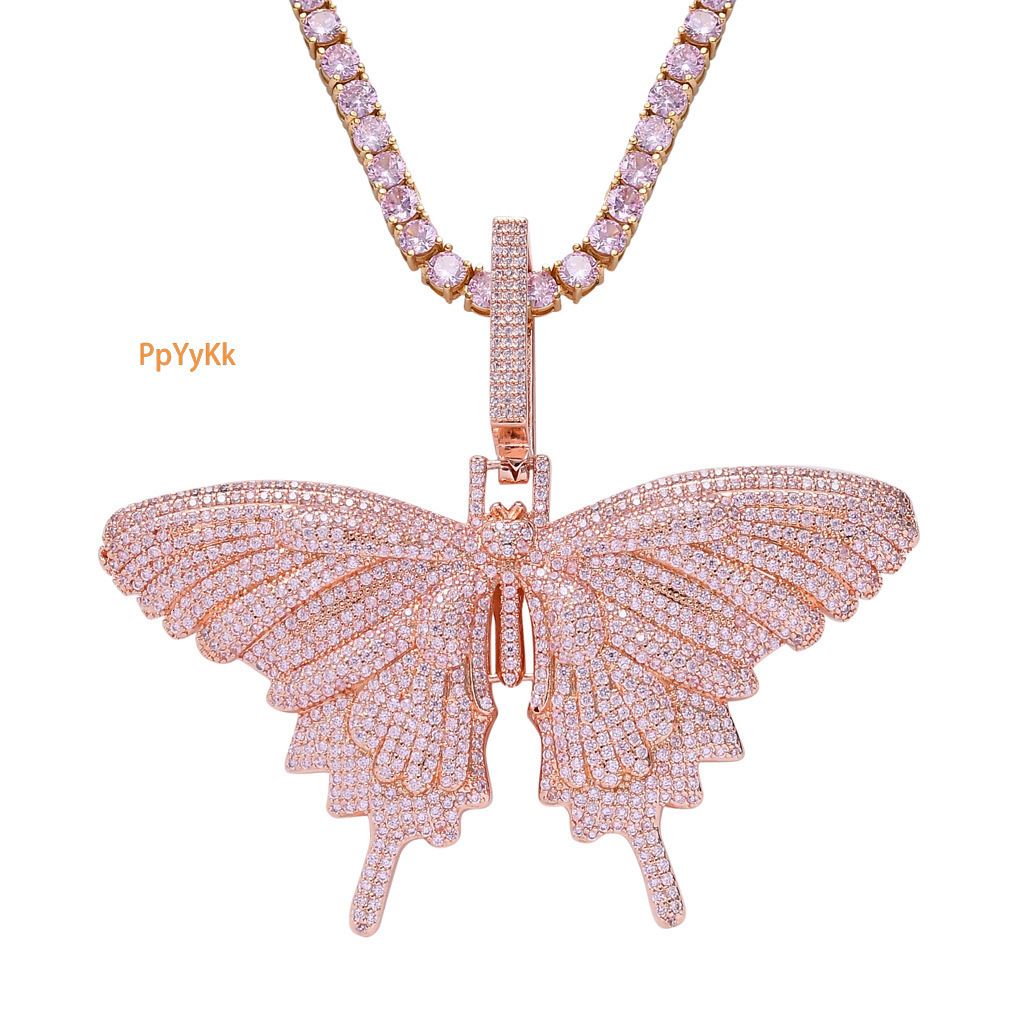 Luxury Moissanite Hip Hop Pink Diamond Butterfly Pendant Rap Style Personalized Street Big Butterfly Unisex Iced Out Necklace Accessory Pass the diamo