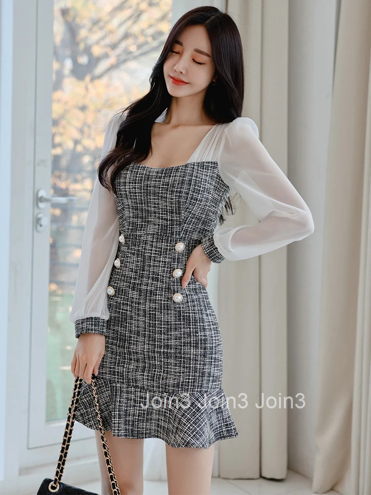Korean Elegant Office Dress Women Casual Square Collar Chiffon Stitching Tweed Mini Sweet Mermaid Slim Female Vestido Streetwear
