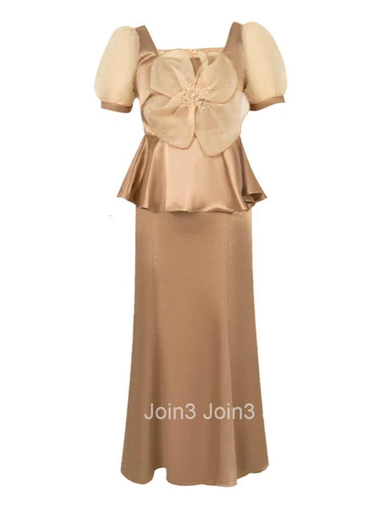 Fashion Summer Satin 2 Pieces Outfits Women Clothes Elegant Floral Puff Sleeve Tops Shirt Blouse High Waist Midi Skirt Mujer Set