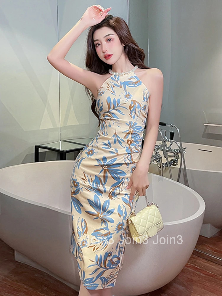 Fashion Women Evening Dress Floral Sexy Sleeveless Bodycon Folds Slit Midi Party Club Beach Stretchy Robe Femme Mujer Vestidos