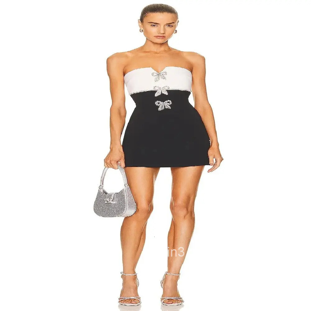 New Women Chest Wrapping Style Backless Bandage Dress Black and White Color Matching Diamond Embellished Bow Evening Party Gown