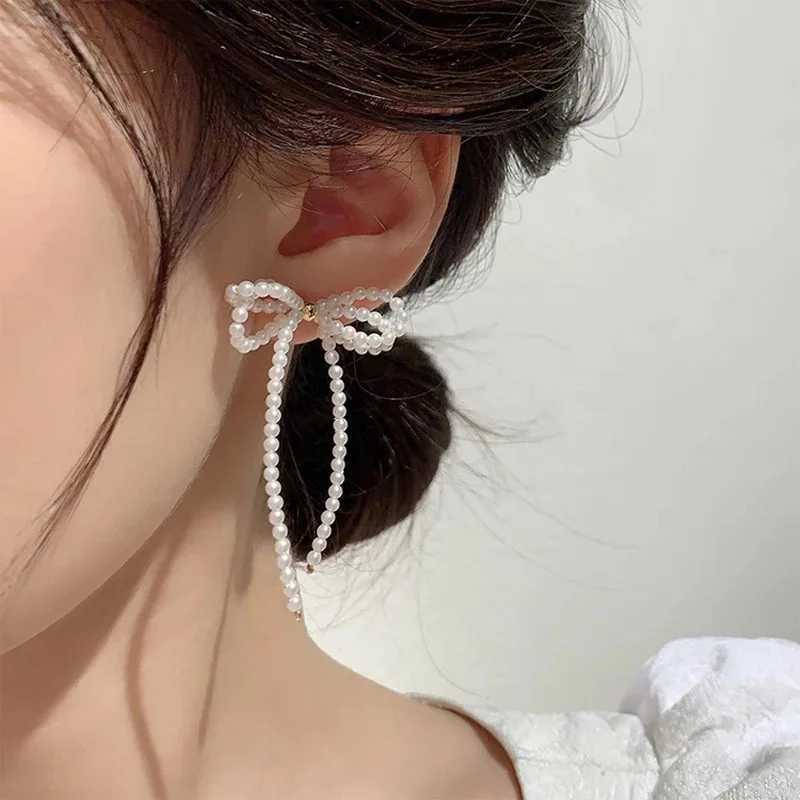 Light Luxury Bowknot Imitation Pearl Earrings Long Tassel Bow Drop Dangle Earrings Women Fashion Elegant Wedding Jewelry GiftsXJ250623