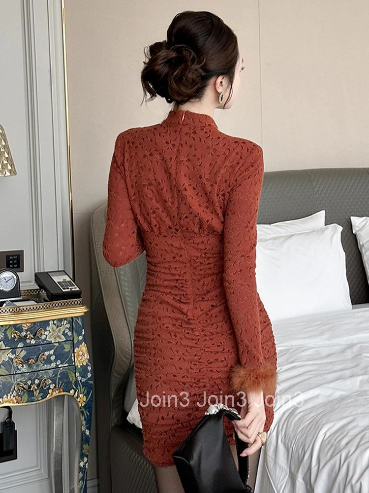 Women Clothes Retro Lace Floral Hollow Sexy Stand Neck Folds Skinny Mini Short Dress Elegant Party Vestidos Casual Autumn Winter