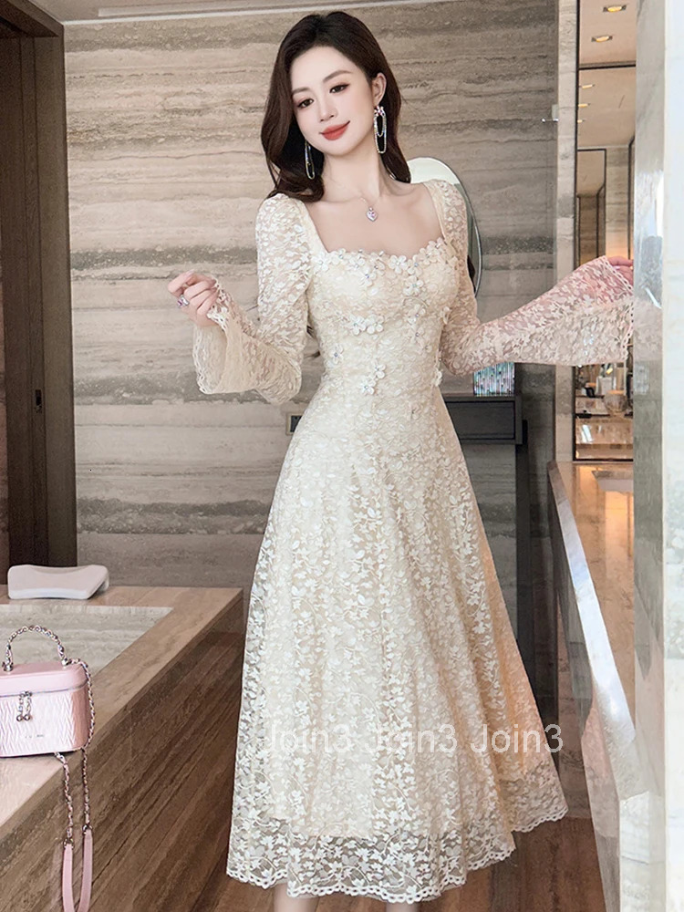 Autumn Fashion Casual Sweet Lace Square Collar A-Line Dress Women Clothes Elegant Flare Sleeve Slim Midi Robe Party Prom Vestido