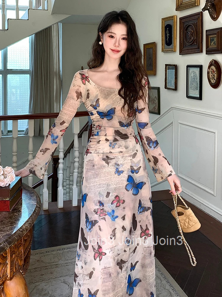 Sexy Retro Butterfly Print Dress for Women Holiday Hotsweet Sweet Long Sleeve Robe Female Vacation Beach Street Vestidos Mujer