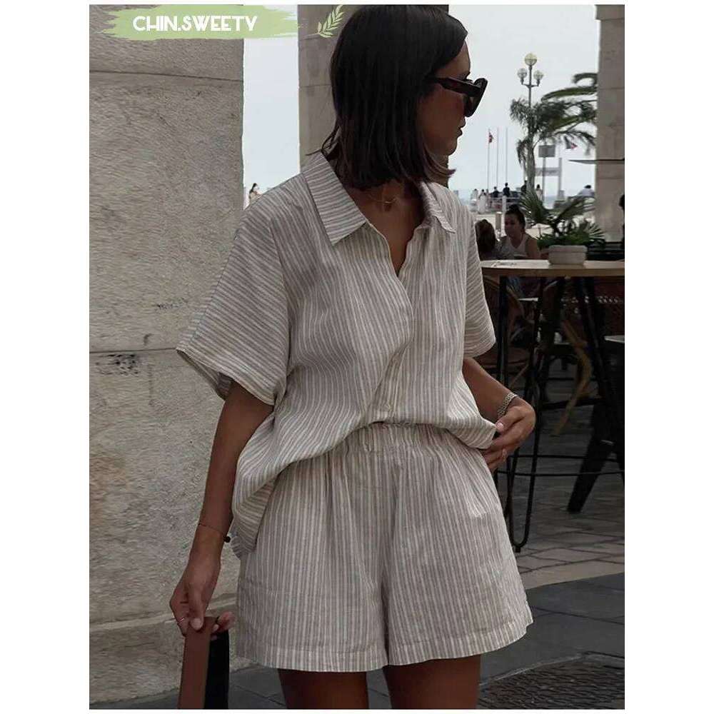 Women Fashion Stripe Print Lace-Up Shorts Set Oversized Lapel Short Sleeve Single Breasted Shirts Suit Lady Casual Street Outfit
