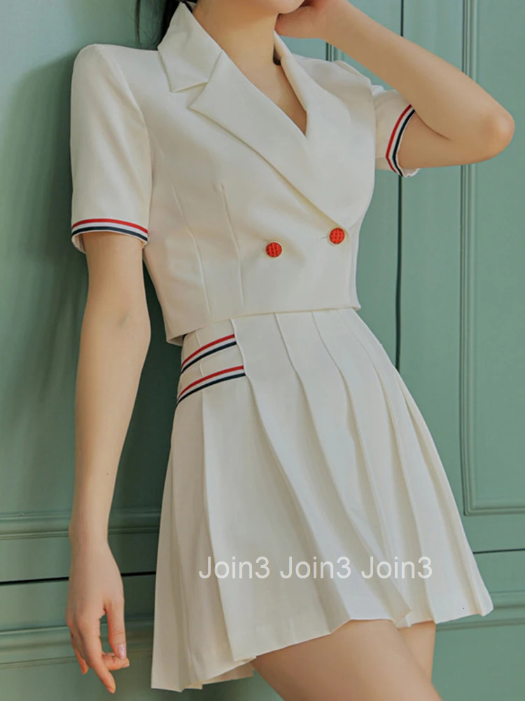 New Summer 2 Pieces Outfit Suits Women Temperament Formal Short Cropped Tops Coat Blazer Suit High Waist Pleated Mini Skirt Sets